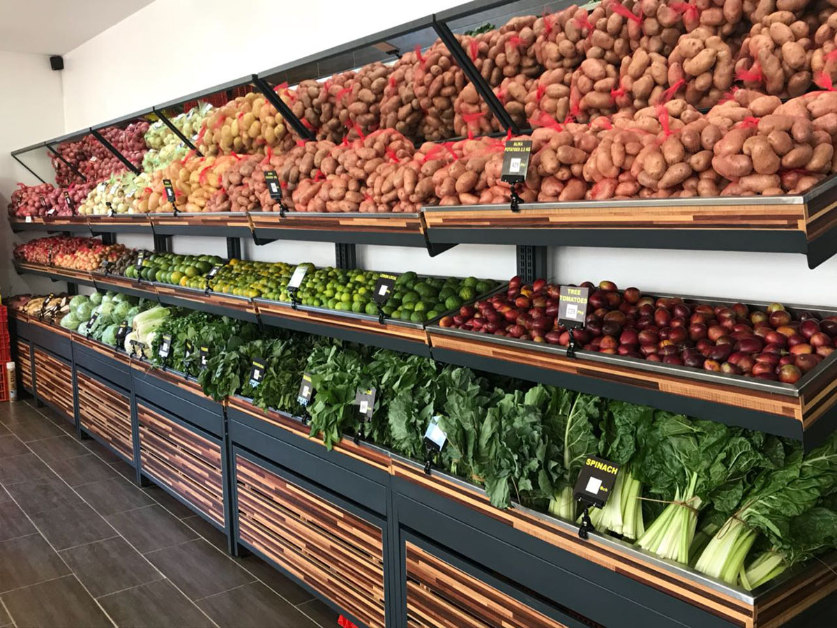 vegetable and fruit display shelves