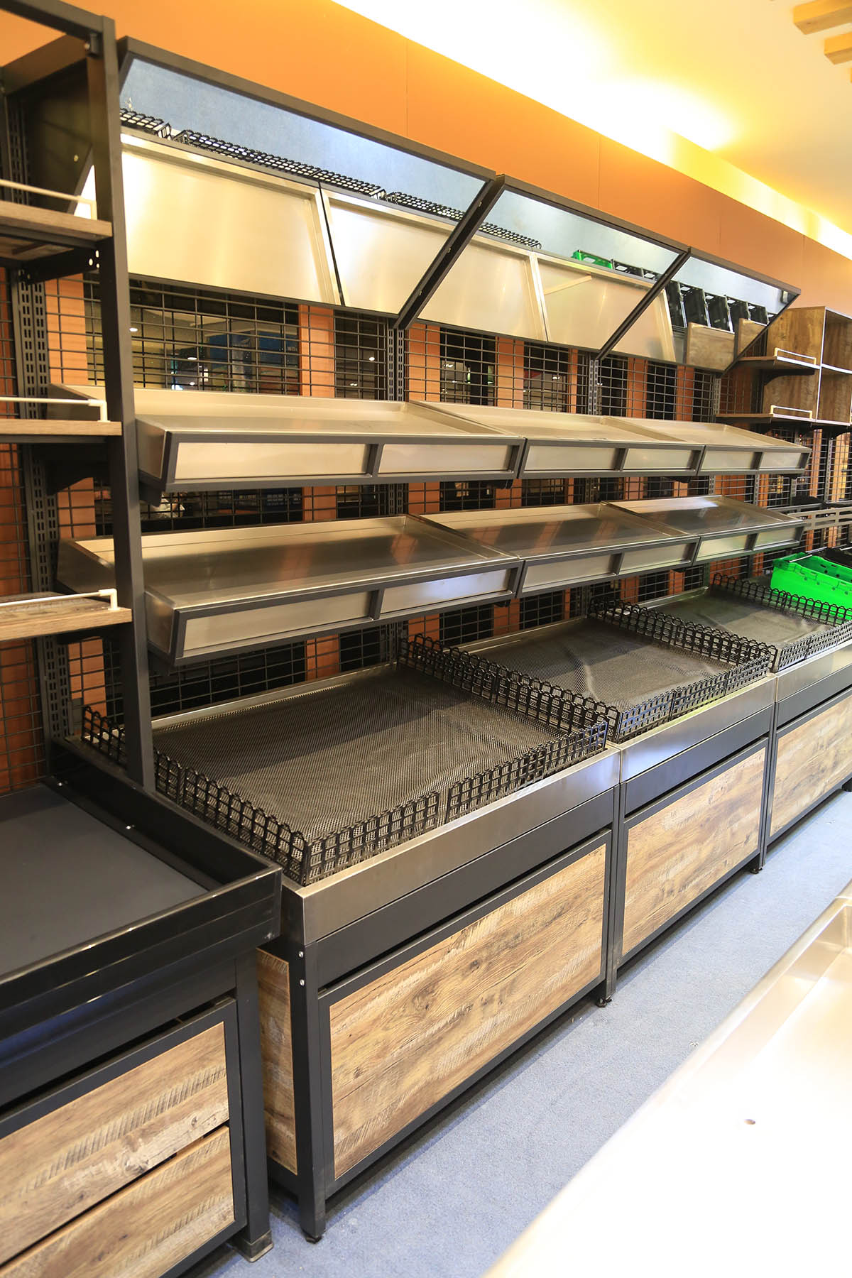 supermarket fruit produce display wall 3 tier shelf